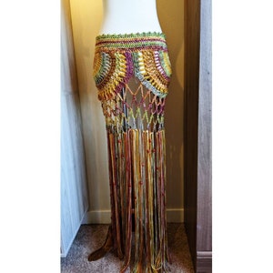 Crochet, festival, skirt, with beads, fringe, maroon, tan, green, gold, drawstring.  MADE TO ORDER!!!