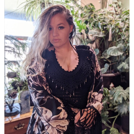 Black, Crochet, Lace, Victorian, Beads, Top, Formal Wear, Gothic