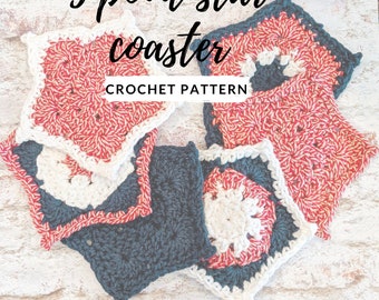 May include: Five crochet coasters in a star shape. The coasters are red, white, and navy blue. The text "5 point star coaster" and "CROCHET PATTERN" are displayed on the image.