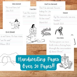 Pode incluir: Uma coleção de páginas de caligrafia brancas com temas religiosos. As páginas apresentam versículos bíblicos, ilustrações de Jesus e o texto "Handwriting Pages Over 20 Pages!!".