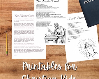 Materiale stampabile cristiano e cattolico per bambini / Credo niceno, Credo degli apostoli, Beatitudini, Sanctus, Padre Nostro / Download PDF di 16 pagine
