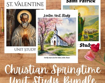 Pacchetto di studio per la primavera cristiana / Quaresima, San Valentino + San Patrizio / Programma di studio cattolico + homeschooling stampabile
