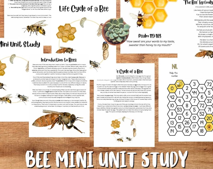 Featured listing image: Bee Mini Unit Study for Kids | 20+ Pages of Worksheets, Bible Verses, Vocabulary, Handwriting | Fun Educational Resource for Homeschoolers