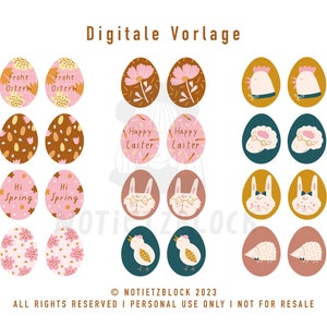 May include: A set of 12 digital printable Easter egg designs featuring various illustrations, including flowers, bunnies, chicks, and sheep. The eggs are in a variety of colors, including pink, brown, yellow, and blue. The text "Frohe Ostern", "Happy Easter", and "Hi Spring" is included on some of the eggs.
