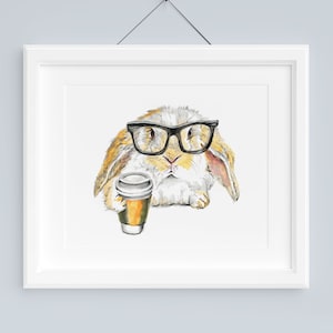 Bunny holding coffee wearing eyeglasses, handmade watercolor print. Whimsical art decor. Rabbit lover gift.