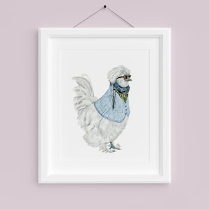 Silkie white rooster with blue vest, scarf and sunglasses, handmade watercolor print. Whimsical art decor. Chicken lover gift.