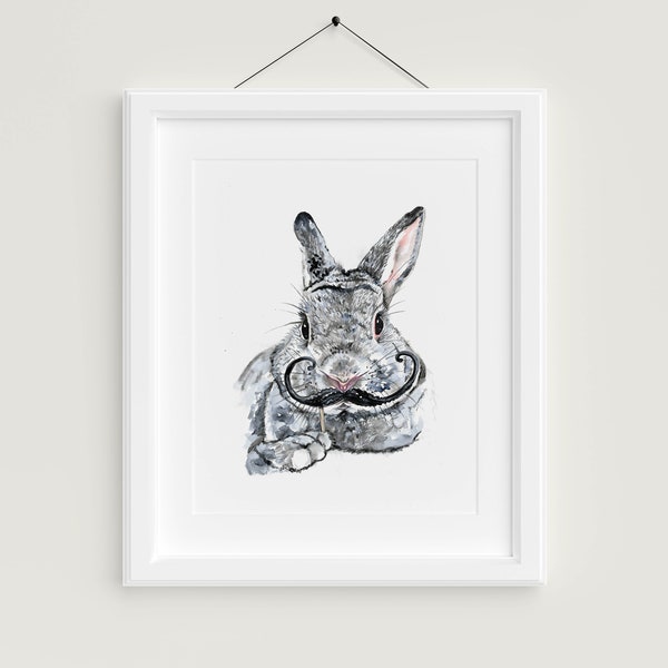 Gray bunny wearing fake mustache, handmade watercolor and charcoal print. Whimsical art decor. Rabbit lover gift.