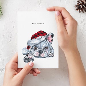French Bulldog Christmas stationery cards, handmade watercolor. Whimsical art. Puppy lover.