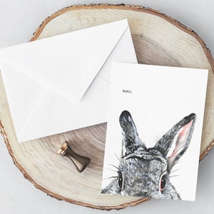 Gray bunny thank you (Merci) stationery cards, handmade watercolor. Whimsical art. Bunny lover.