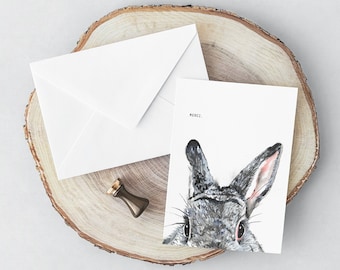 Gray bunny thank you (Merci) stationery cards, handmade watercolor. Whimsical art. Bunny lover.