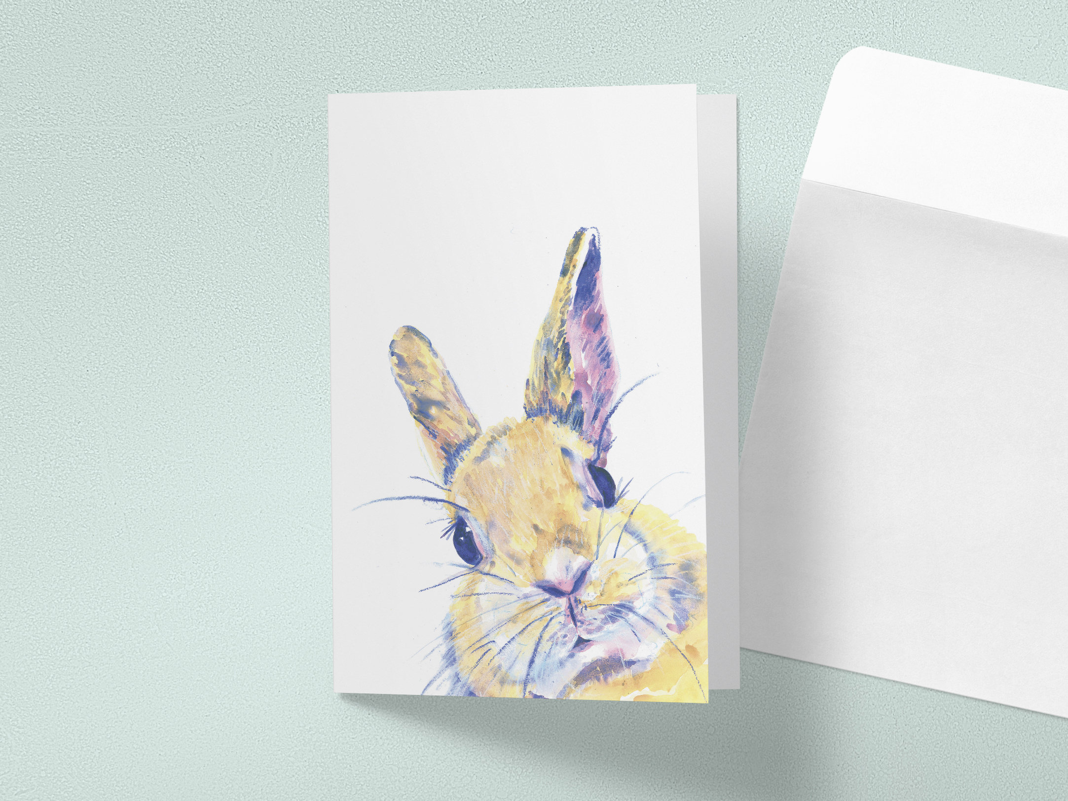 Yellow bunny stationery cards, handmade watercolor. Whimsical art. Ra…