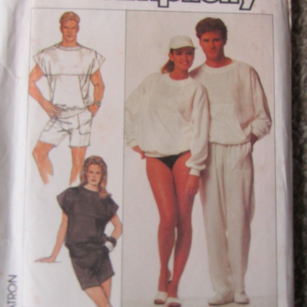 1986 Simplicity Pattern 8631 Misses' Men's or Teen Boys' Loose-Fitting Top With or Without Sleeves and Pull-on Pants or Shorts Sz SM Uncut