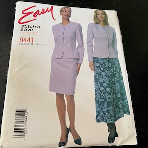 Könnte beinhalten: Ein McCall's Easy stitch 'n save Schnittmusterumschlag 9441, Größe B 14-16-18-20. Die Vorderseite zeigt zwei Outfits: eine hellviolette Jacke mit passendem knielangen Rock und dieselbe Jacke kombiniert mit einem langen, dunkelblauen Blumenrock.