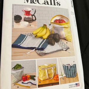 2021 McCall's Pattern M8236 Fruit & Vegetable Bags, Mop Pad, Coffee Filters Bin and Bag Uncut