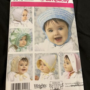 2007 Simplicity Shirley Botsford Pattern 3840 Baby Bonnets 3 szs S-M-L Uncut