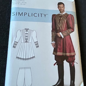 May include: Simplicity sewing pattern number 59095 for a costume. The pattern includes instructions for a long-sleeved tunic with a high collar and a pair of breeches.