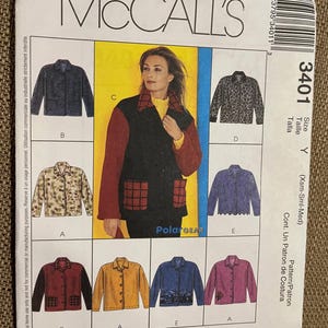 May include: A sewing pattern for a jacket with different color and pattern options. The pattern is for sizes X-Small, Small, and Medium. The pattern is from McCall's and is number 3401.