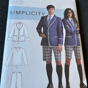 May include: Simplicity sewing pattern featuring a school uniform design. The pattern includes a blazer, V-neck sweater, and shorts. The image shows a man and a woman wearing the uniform. The pattern size is U.S. 34-42.