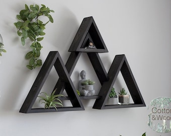 4 Piece 3D Wall Shelf Set, Triangle Shelves , different sizes.  Solid Wood Triangular shelves. Crystal shelf. Essential Oil Shelf. Mountain