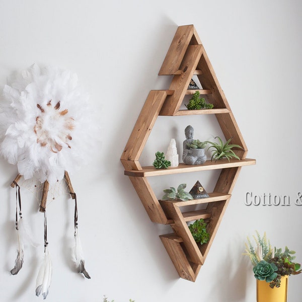 DIAMOND-HEXAGON 3D Floating Display Shelf, 22.5"x35". Solid Wood Shelf, Hexagon Triangle Crystal Shelf, Essential oil shelf, Succulent shelf