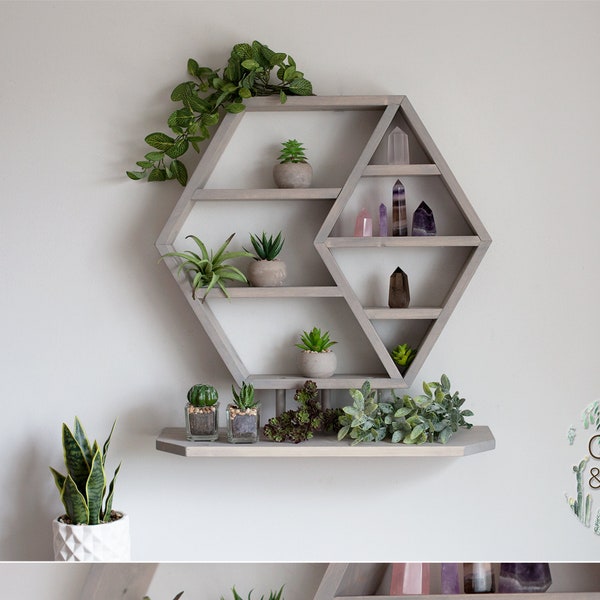 HEXAGON Floating Shelf, 21"x18"x3.5" , HONEYCOMB, Solid Wood Shelf, Hexagon Crystal Shelf, Essential oil shelf, Succulent shelf