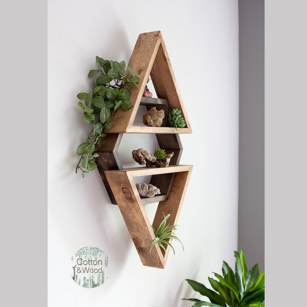 3D Floating Shelf Combo-Two toned, 3 pc , 1 Hexagon & 2 Triangles .  Solid Wood Shelves. Crystal shelf. Essential Oil Shelf.