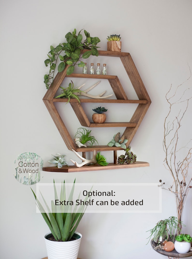 HEXAGON Floating Shelf, 21x18x3.5 , HONEYCOMB, Solid Wood Shelf, Hexagon Crystal Shelf, Essential oil shelf, Succulent shelf image 8