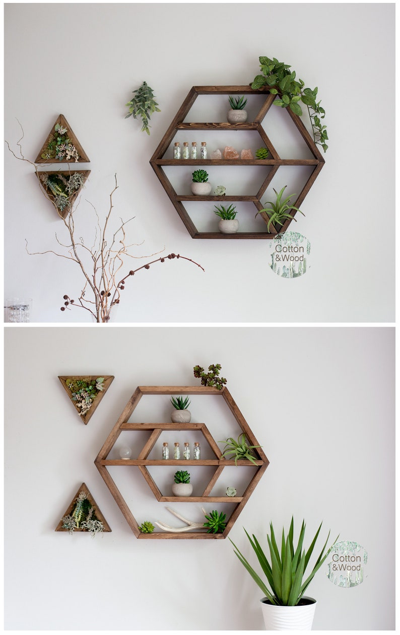 HEXAGON Floating Shelf, 21x18x3.5 , HONEYCOMB, Solid Wood Shelf, Hexagon Crystal Shelf, Essential oil shelf, Succulent shelf image 4