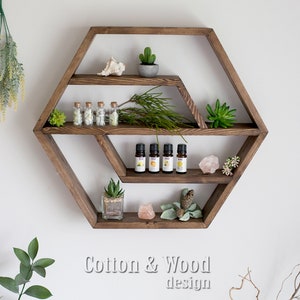 HEXAGON Floating Shelf, 21x18x3.5 , HONEYCOMB, Solid Wood Shelf, Hexagon Crystal Shelf, Essential oil shelf, Succulent shelf image 5