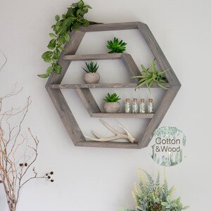 HEXAGON Floating Shelf, 21x18x3.5 , HONEYCOMB, Solid Wood Shelf, Hexagon Crystal Shelf, Essential oil shelf, Succulent shelf image 6