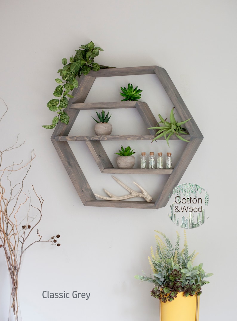 HEXAGON Floating Shelf, 21x18x3.5 , HONEYCOMB, Solid Wood Shelf, Hexagon Crystal Shelf, Essential oil shelf, Succulent shelf image 6