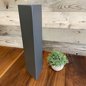 May include: A tall, gray, rectangular metal object with a triangular base. The object is placed on a wooden surface, with a small potted plant to the right. The background is a wooden wall.