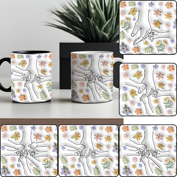 Paquete personalizado sosteniendo la mano de mamá diseño de taza con efecto inflado 3D, taza de café floral de mamá png, taza floral del día de la madre, sosteniendo la mano de la abuela