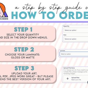 May include: An instructional graphic titled a step by step guide on HOW TO ORDER by Sierra Stickers. It outlines three steps: selecting quantity and size, choosing a gloss or matte laminate, and uploading art files in PNG, PDF, or JPEG formats.