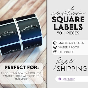Square Labels - Custom Printed with Your Image - Matte or Gloss Stickers on a Roll - FREE SHIPPING - Waterproof Oilproof - Laminated