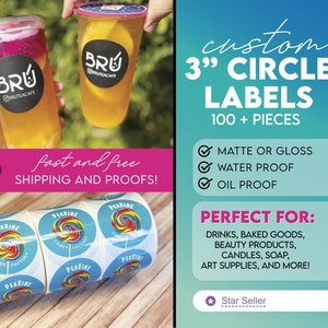 3 Inch Circle Labels - Custom Stickers with Your Image - FREE SHIPPING - Waterproof, Oilproof, Matte or Gloss - Your Labels, Printed Fast!