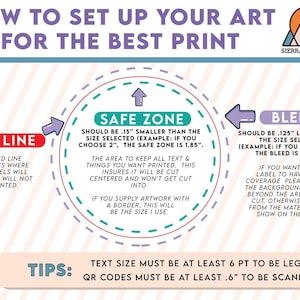 May include: An instructional graphic titled HOW TO SET UP YOUR ART FOR THE BEST PRINT by Sierra Stickers. It features a central circle diagram with a red cut line, a teal safe zone, and a purple bleed area, with text explaining print specifications.