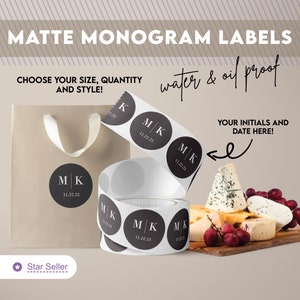 Monogram Wedding Labels | Choose your Size and Quantity | Soft Matte Finish | Waterproof and Oilproof | Event Stickers | Initials Custom