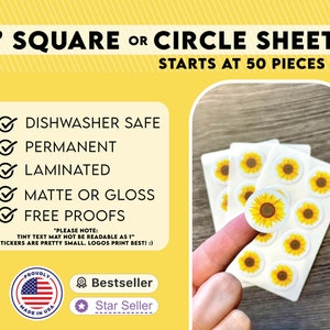 1" Sticker Sheets Square or Circle Shape | Permanent, Waterproof, Oilproof Vinyl | Labeling Small Business Stickers Thank You Logo Envelope