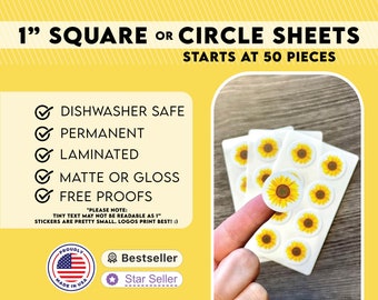 1" Sticker Sheets Square or Circle Shape | Permanent, Waterproof, Oilproof Vinyl | Labeling Small Business Stickers Thank You Logo Envelope