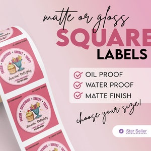 Quadratische Etiketten mit Ihrem Logo bedruckt – Wählen Sie Ihre Größe | Matt oder glänzend | Öl- und wasserbeständig | Individuelle Aufkleber für kleine Unternehmen