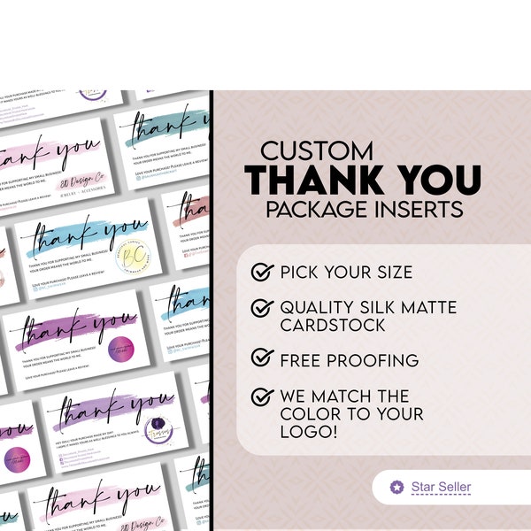 Custom Thank You Package Inserts | Social Media Instagram Facebook TikTok | Color Changes to Match Logo | Choose Your Size