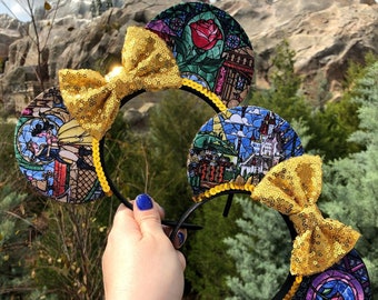 Beauty and The Beast Ears, Stained Glass Ears, Belle Ears, Belle Mouse Ears, Beauty and The Beast Mouse Ears, Beauty and The Beast Mickey