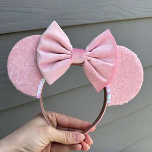 May include: Pink sequined mouse ears with a pink velvet bow.
