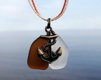 Necklace for women, Sea Glass pendant, Anchor jewel, Attractive pendant, Ocean and boat, Genuine frosted glass, Be unique, Orange and brown