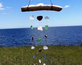 Verre de plage naturel de Gaspésie - Mobile capteur de soleil - Déco pour fenêtre - Véritable verre de mer - Bois de plage