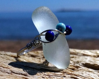 Handmade White Sea Glass Ring: Stainless Steel Wire, Size 12.25