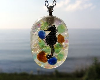 Sea horse necklace, Multicolor pendant for her, Sea glass mosaic, Genuine sea glass, Jewel from the sea, Authenticity certificate