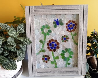 Marco de mosaico de vidrio marino, arte de flores y mariposas, decoración costera para el hogar