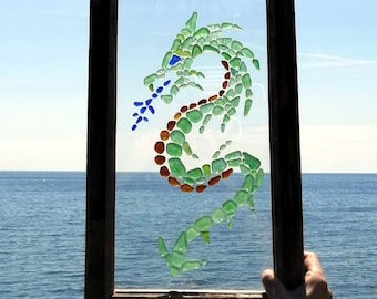 Cadre dragon avec vrai verre de plage, Cadre fait de bois de casier de homard, Unique et authentique, Décoration asiatique